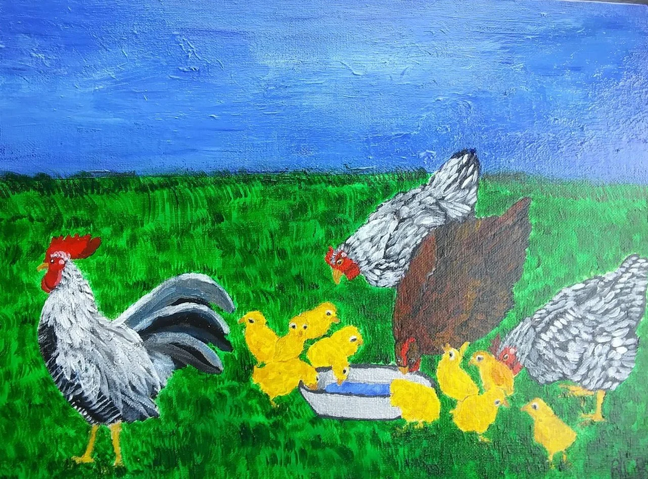 Painting of chickens and ducklings in a grassy field with a blue sky, featuring a rooster, a hen, and yellow ducklings around a water dish.