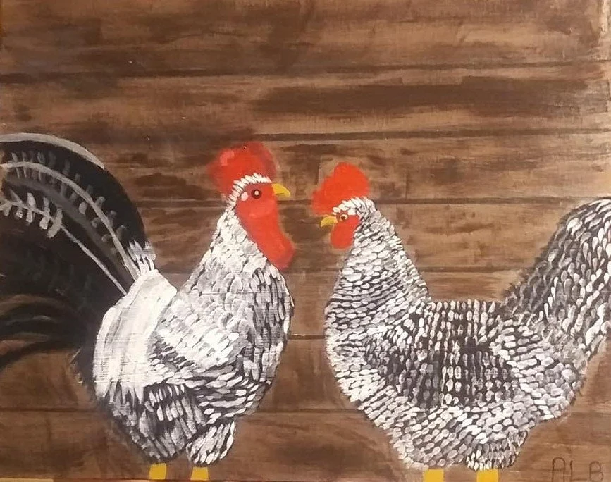 Painting of two roosters with red combs and black, white, and gray feather patterns, set against a brown wooden background.