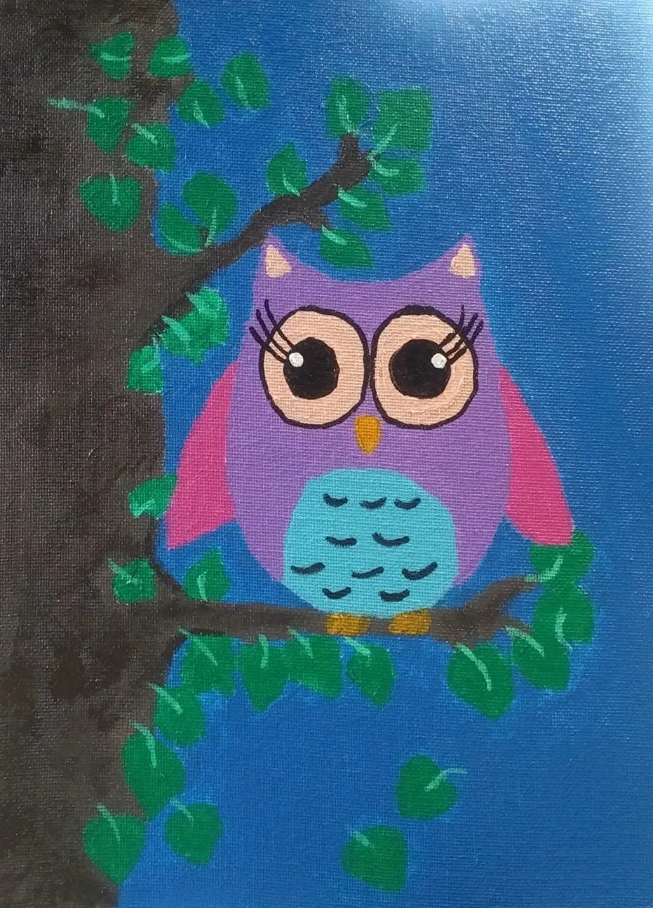 A colorful painting of a cartoon owl with big eyes, perched on a branch surrounded by green leaves, set against a blue sky background.