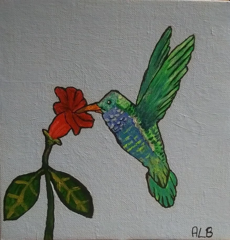 Painting of a hummingbird with green and blue feathers feeding from a red flower on a green stem with green leaves.