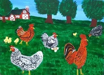 Children's drawing of farm scene with chickens and trees.