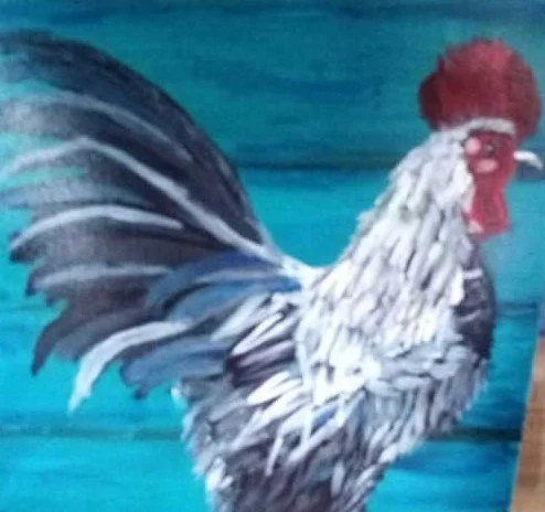 Painting of a rooster with black, white, and gray feathers, red comb, and red wattles, set against a blue background.