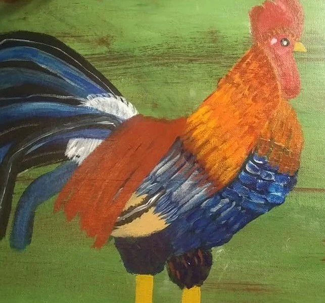 Colorful painting of a rooster with vibrant orange, blue, and black feathers standing on a green background.
