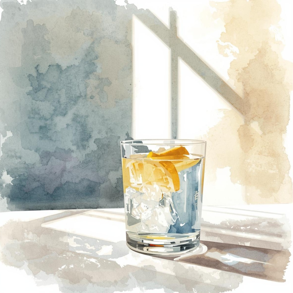 Abstract image of non-alcoholic cocktail with orange on a table.