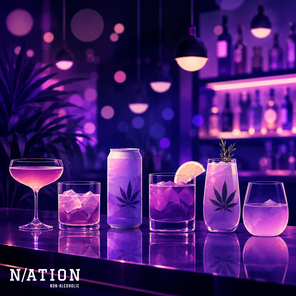 Abstract image of hemp beverages on a bar counter