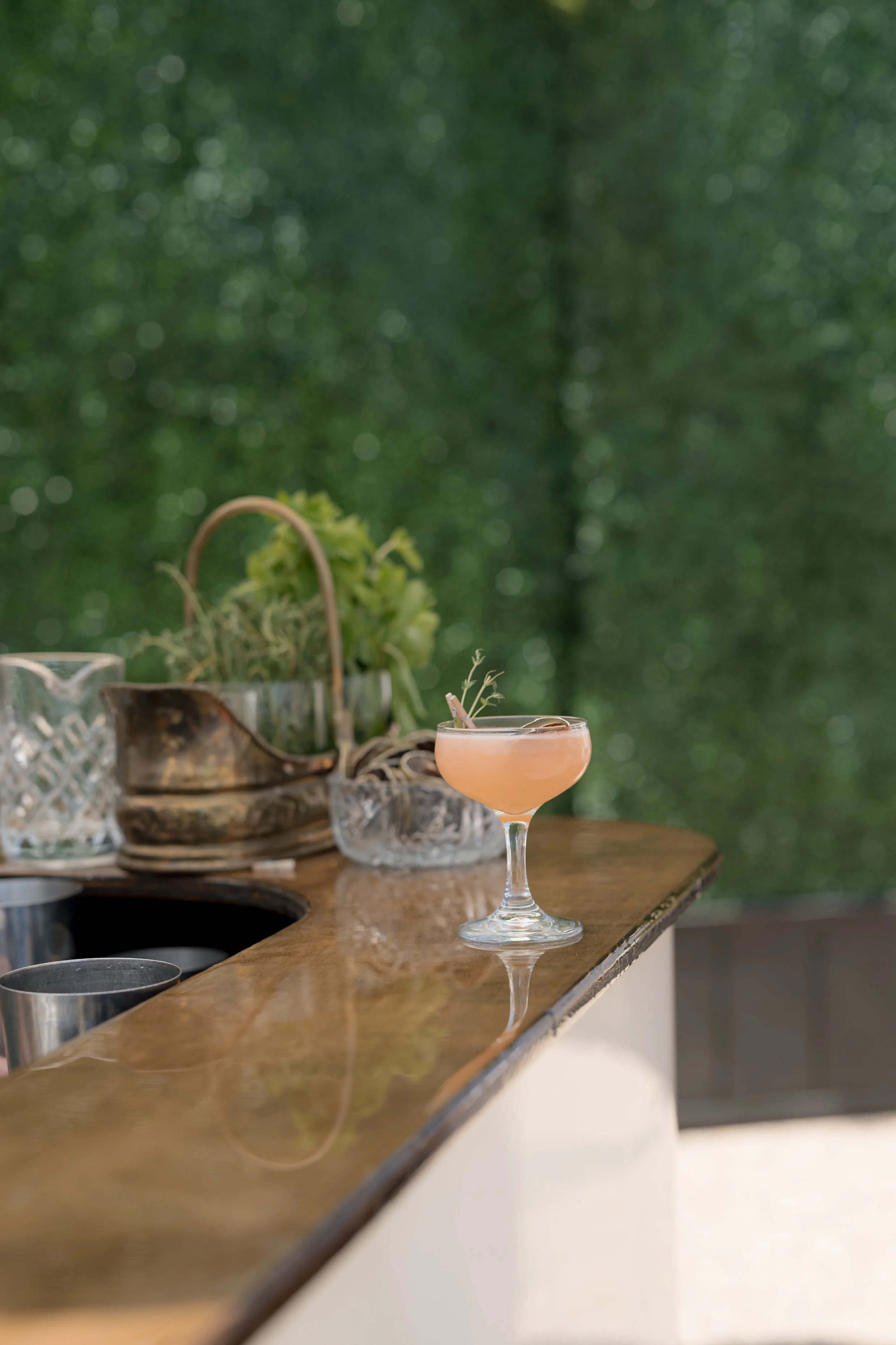 A pink cocktail in a coupe glass on a wooden bar with a blurred green outdoor background.