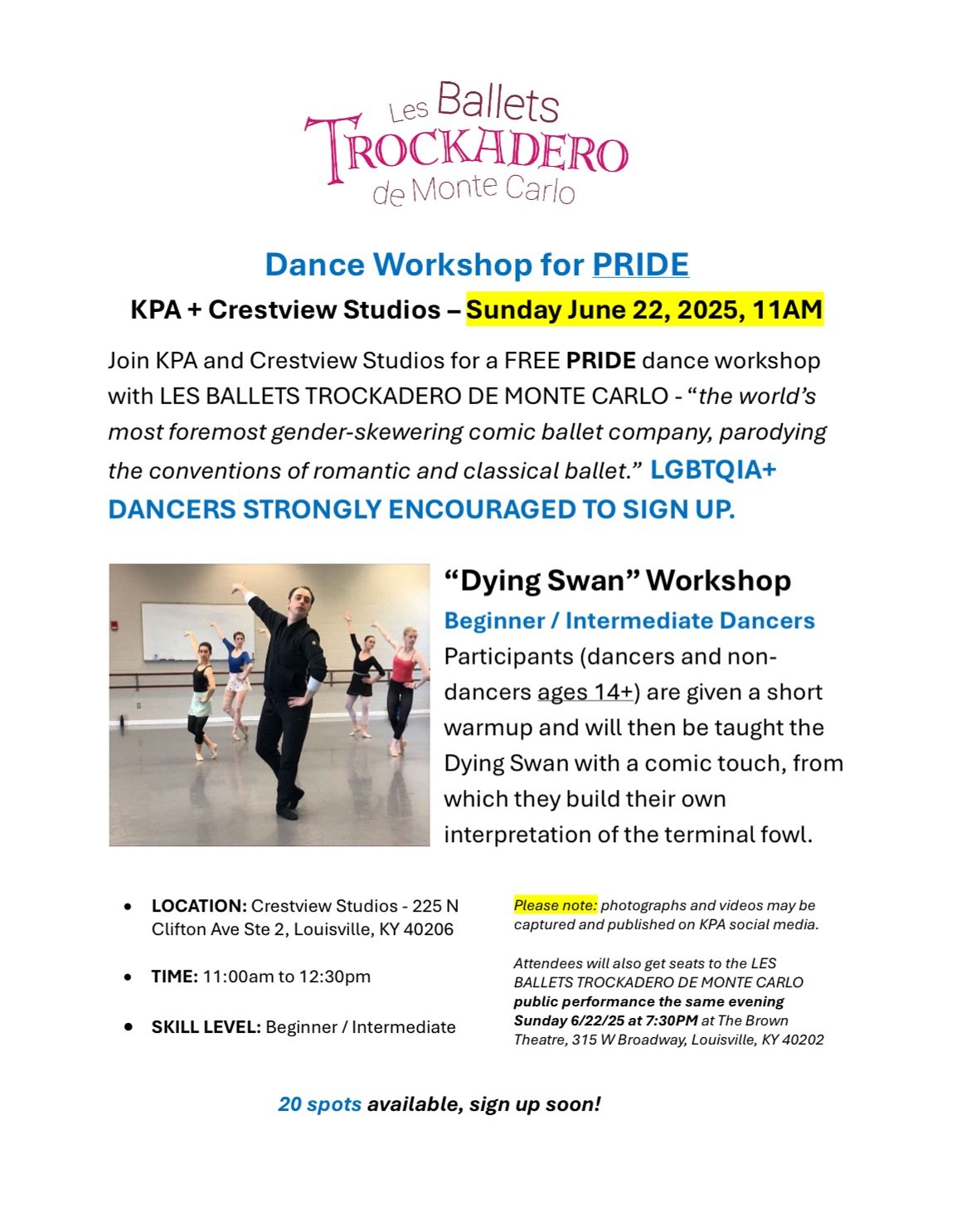 Join us for a FREE PRIDE dance workshop with LES BALLETS TROCKADERO DE MONTE CARLO - &ldquo;the world&rsquo;s most foremost gender-skewering comic ballet company, parodying the conventions of romantic and classical ballet.&rdquo; 

Spots limited! Sig