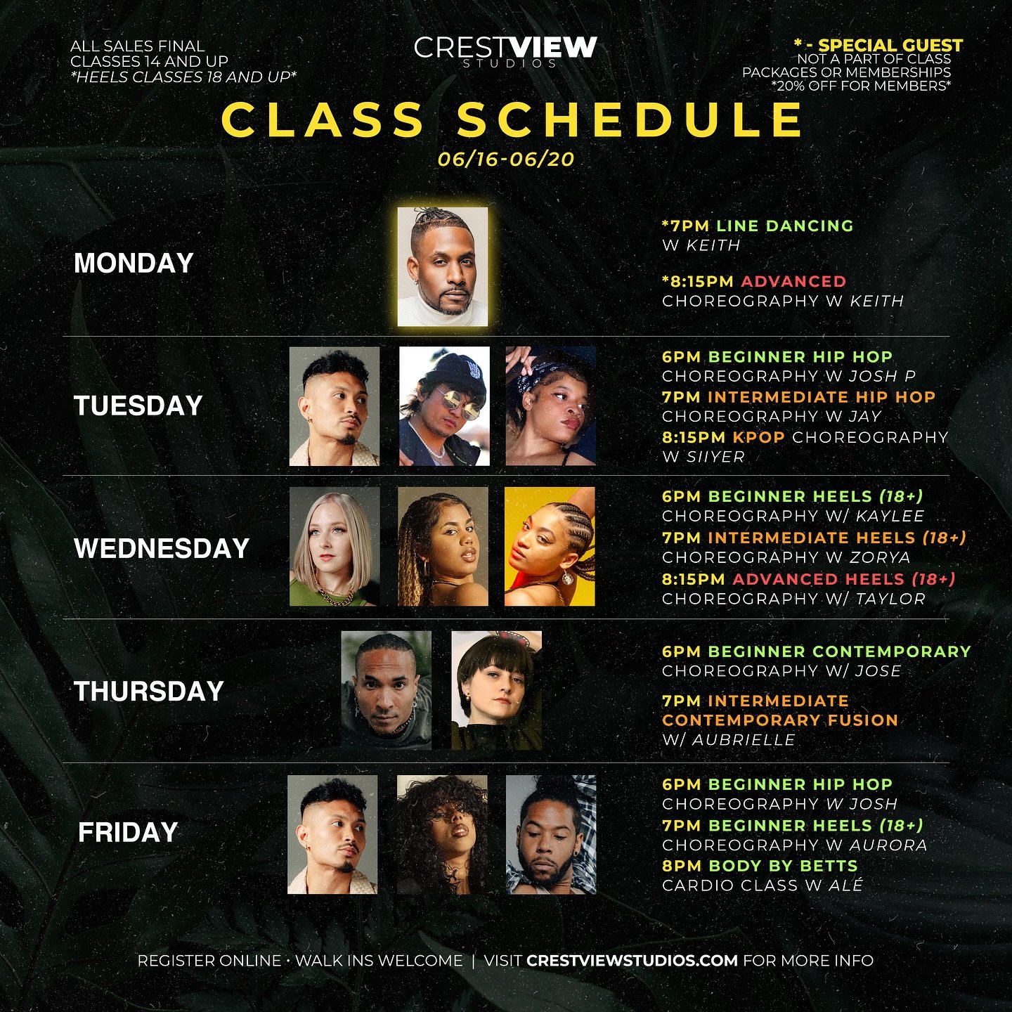 THIS WEEK AT CRESTVIEW‼️ 

@keithandre is taking over this Monday! Catch him 7P for line dancing and 8:15P for Advanced 
Choreography🔥

@_auroradancer_ is back from tour! Welcome her back this Friday 7P for beginner heels! 
@elartedeale_ BODY BY BET