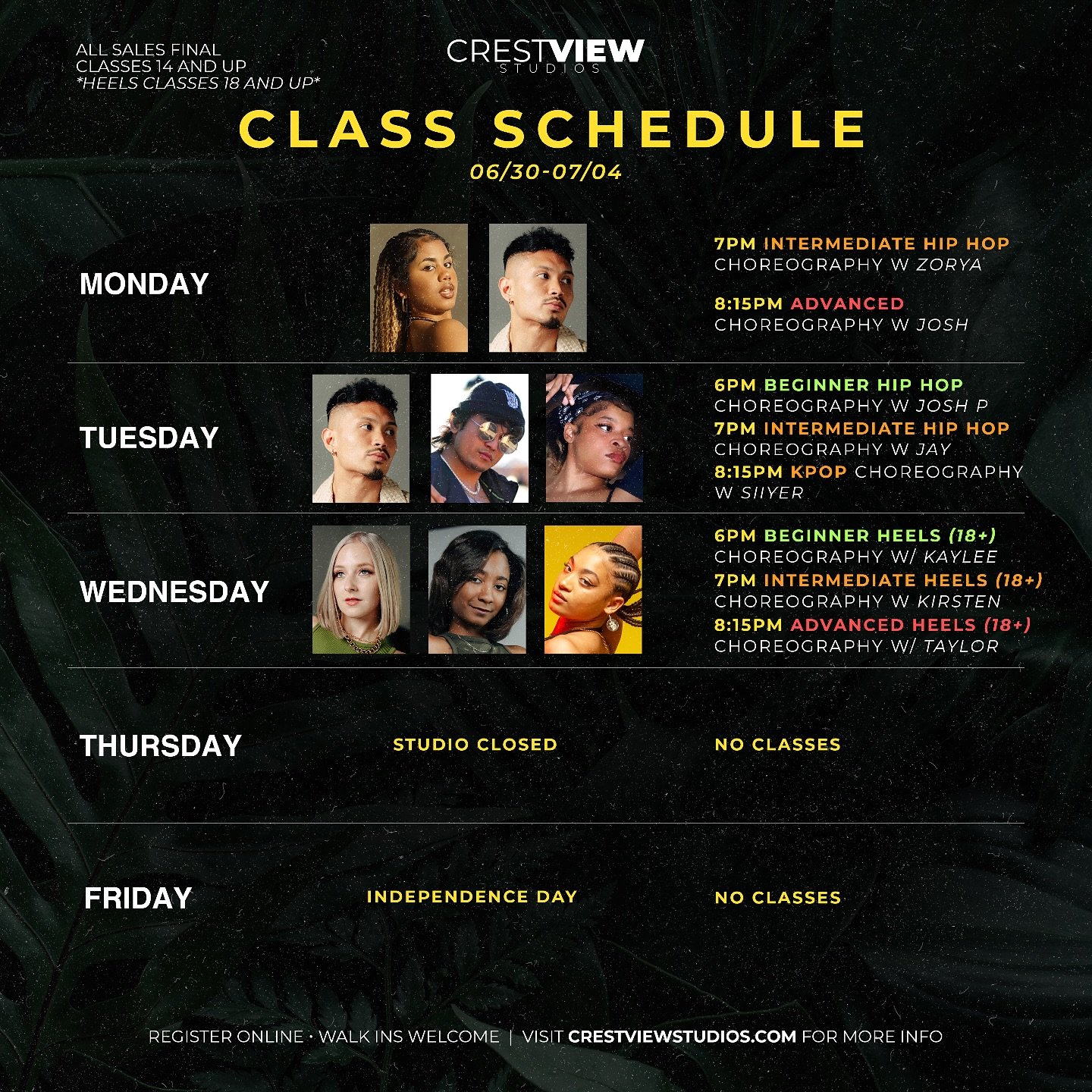THIS WEEK AT CRESTVIEW‼️

$18 to drop in or check out class packages! 
www.crestviewstudios.com

Heels classes ages 18+

#crestviewstudios #louisvilledancestudio #louisvilleky #kentuckydancestudio
