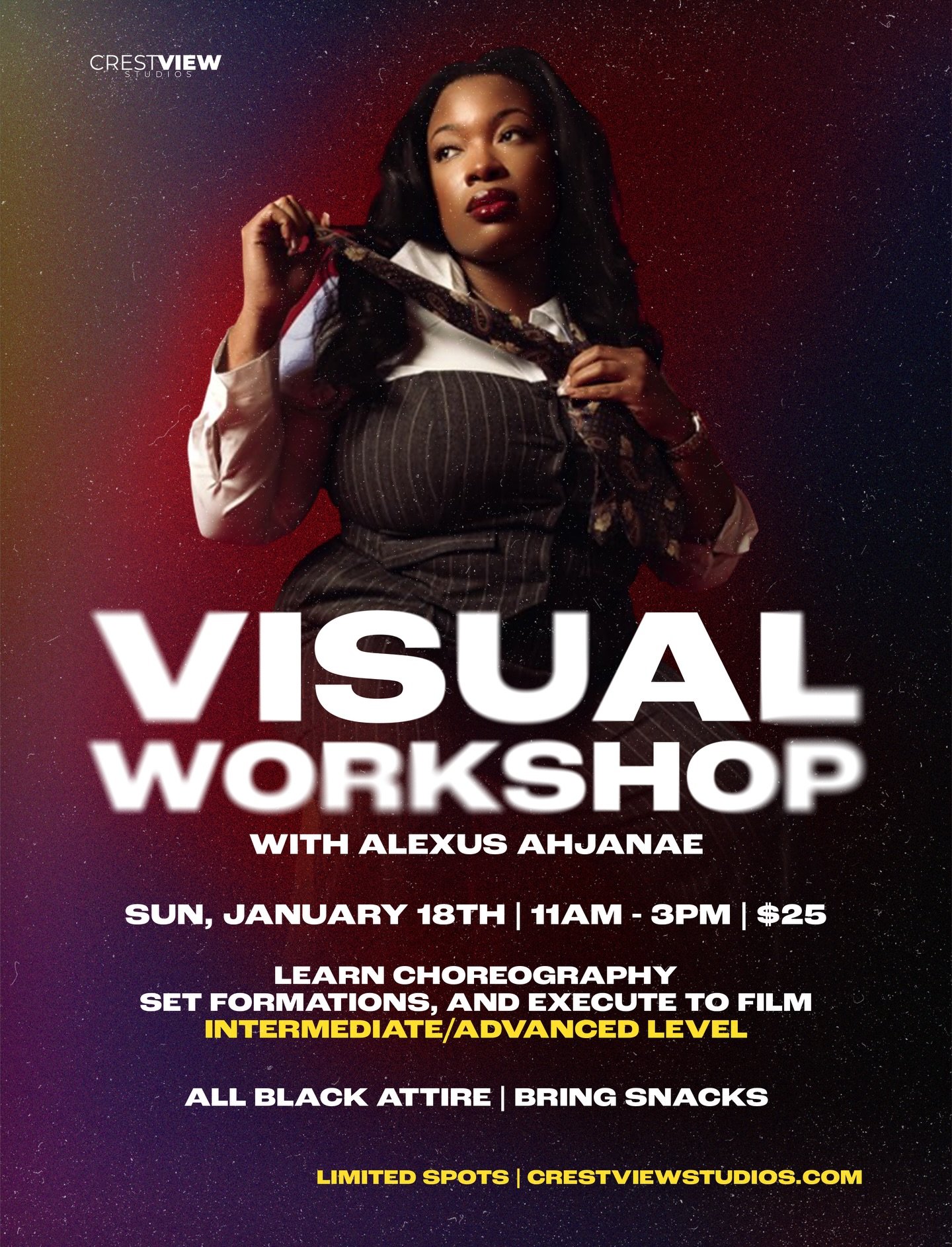 💥VISUAL WORKSHOP w/ @alexusahjanae 💥

Limited spots | Register online now

crestviewstudios.com

#crestviewstudios #louisvilleky #dance