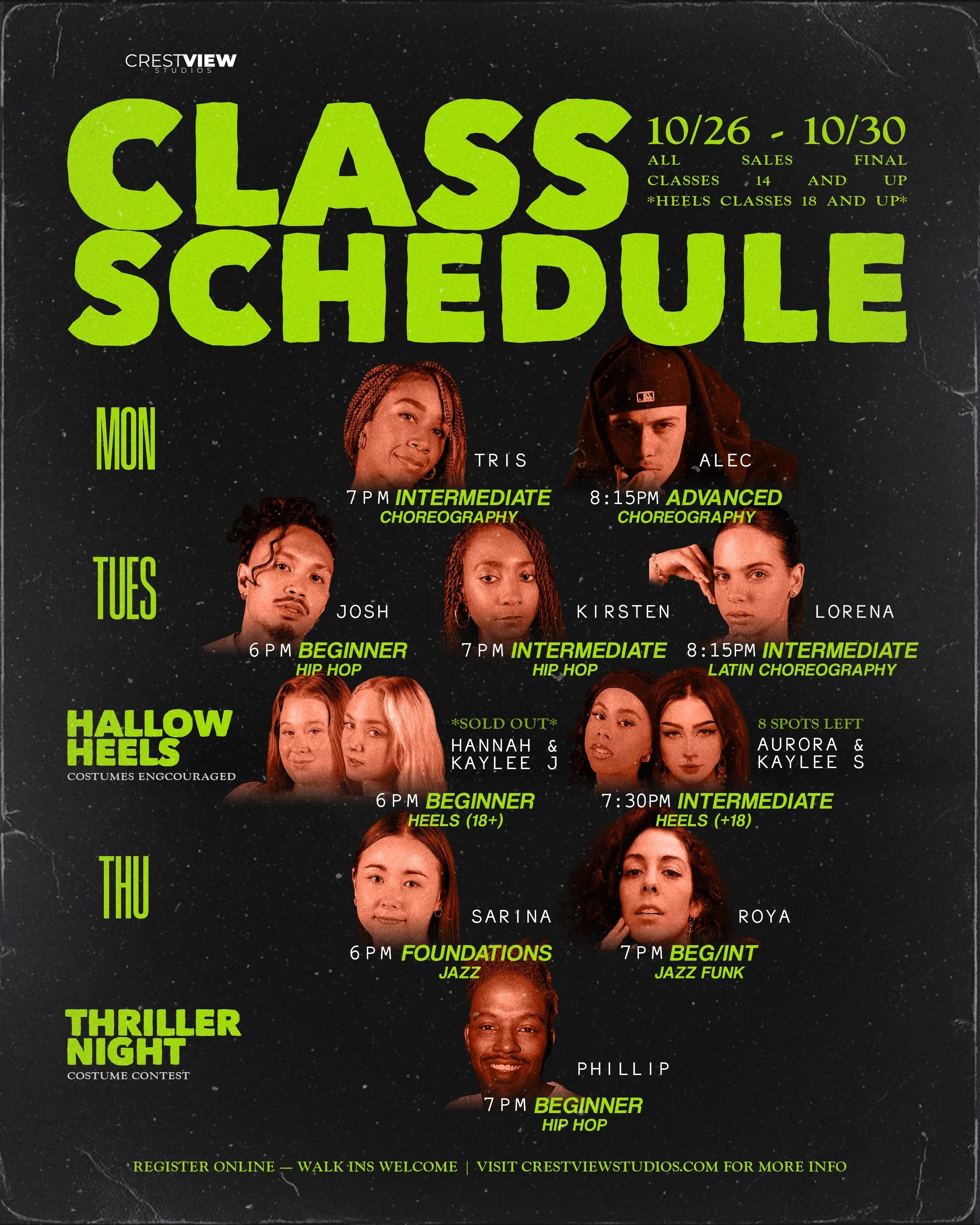 SPOOKY WEEK AT CV 👻

8 spots left in Intermediate Hallow Heels 👠

Costume contest THIS FRIDAY for @thephilliphancock 7P Beginner Hip Hop Class! 5 class package prize for best costume! 

www.crestviewstudios.com

#crestviewstudios #louisvilleky #lou