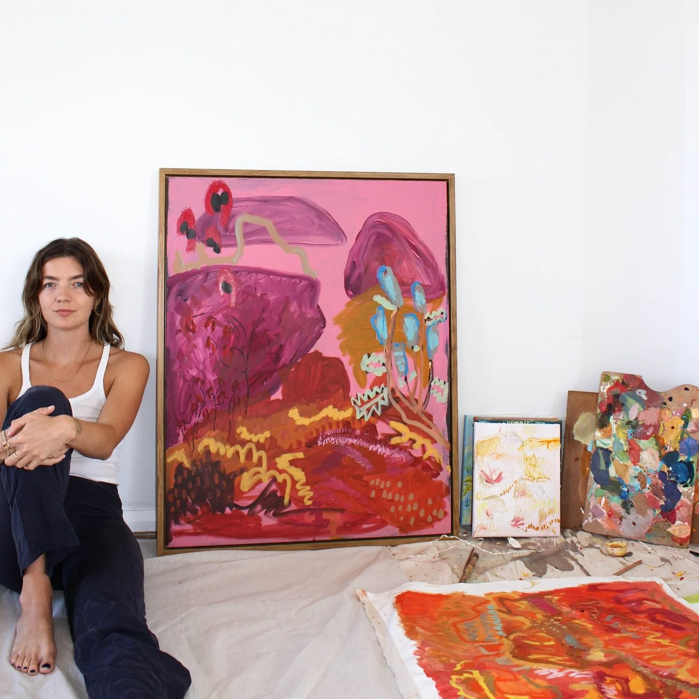 A studio shot 🍒 sitting with a few of my paintings, thinking of where to go next. But for now, In less than a month I&rsquo;ll be travelling somewhere very special and I&rsquo;m so excited to pack some art supplies in my trusty rucksack and doodle o