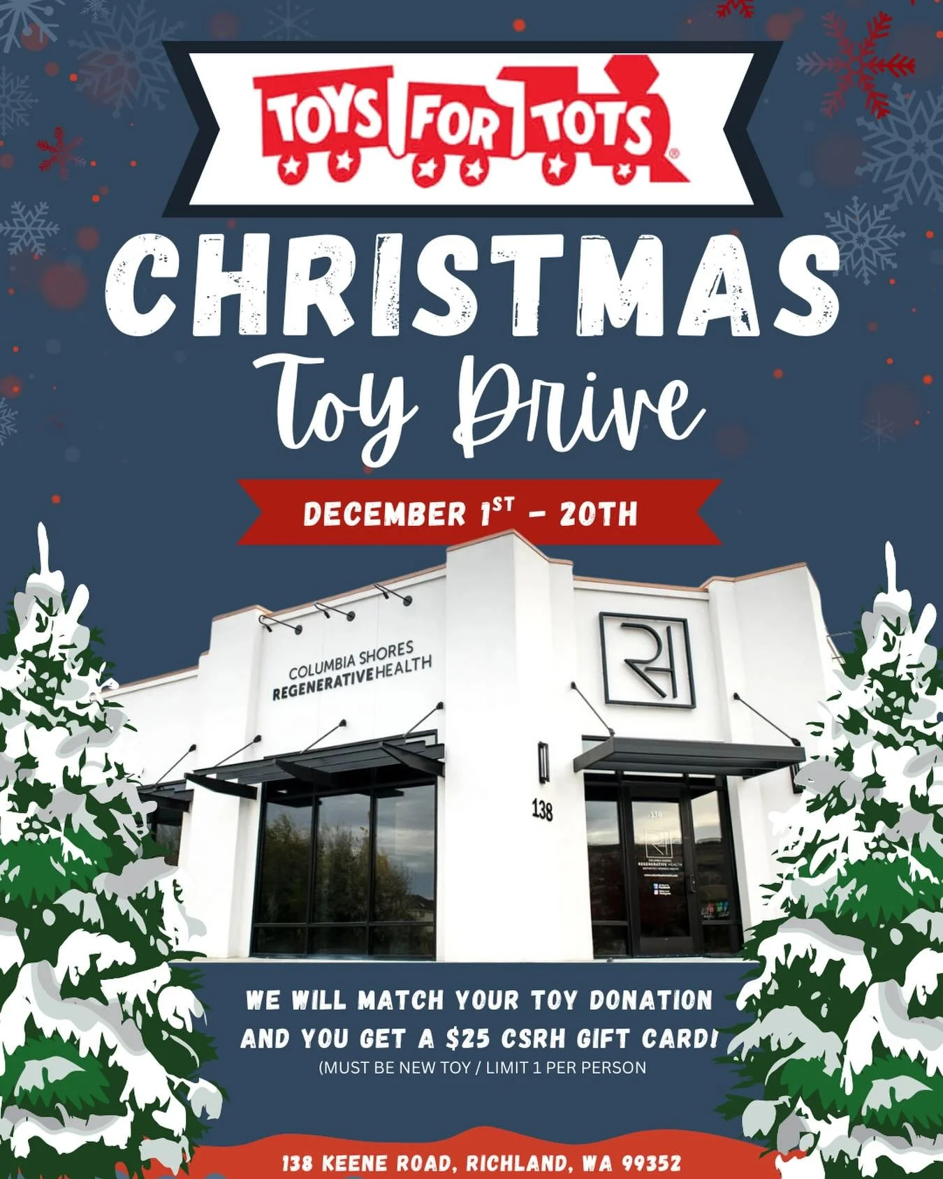 🎁🎅 Let&rsquo;s fill the sleigh! Drop off a new toy for our Toys for Tots drive now through Dec 20th and get a $25 CSRH gift card. We&rsquo;ll match your donation to double the holiday magic! ✨