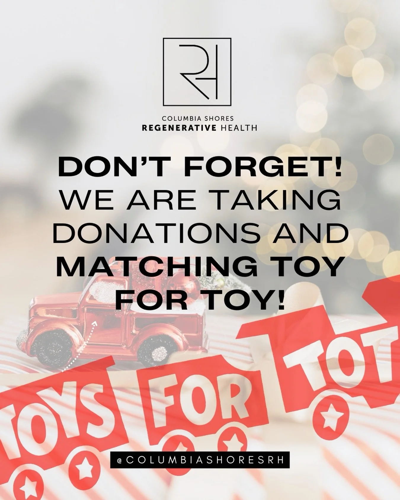 A quick reminder that when you donate a toy for Toys for Tots at CSRH, we match your donation and gift you a $25 CSRH gift card.

It&rsquo;s a simple way to support local kids and give back during a season that needs more heart. Bring your toy by our