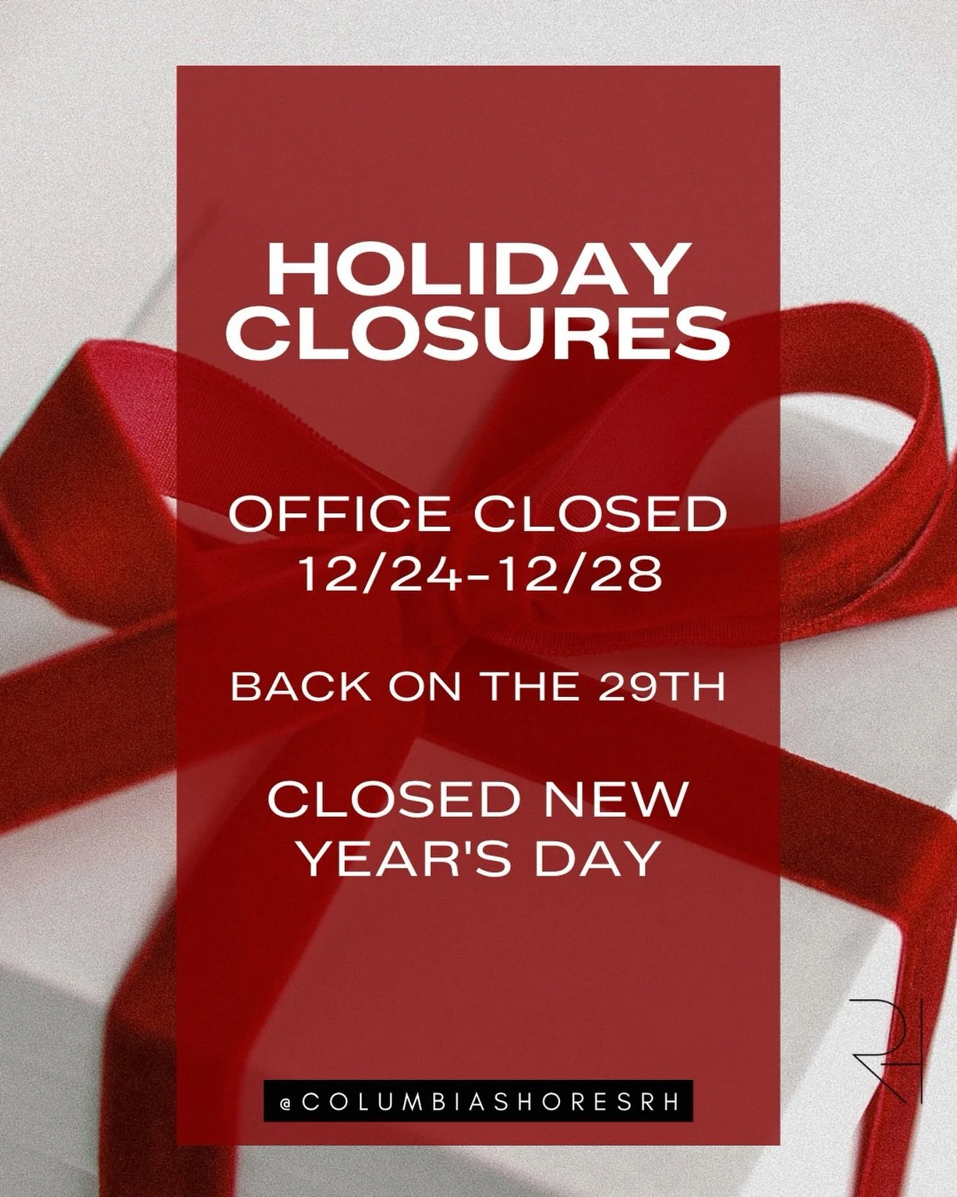 A quick update on our holiday hours.
We will be closed December 24th through the 28th, open again on the 29th, and closed on January 1st for New Year&rsquo;s Day.

Book your end-of-year treatments early to secure your preferred time.

We can&rsquo;t 