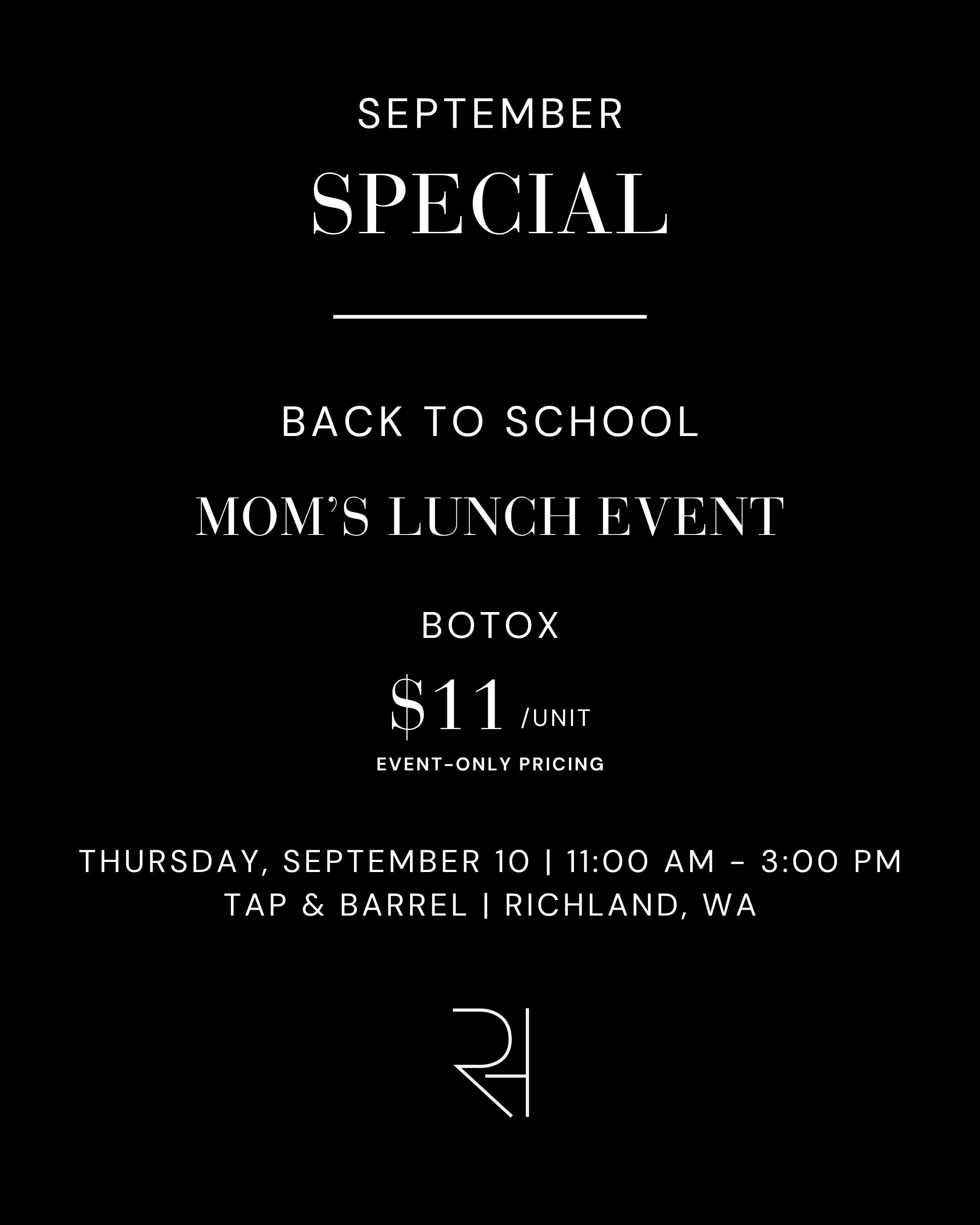 September is for the moms. 🥂

We&rsquo;re celebrating September with our Back to School Mom&rsquo;s Lunch at Tap &amp; Barrel, and an exclusive event-only Botox special!

✨ Botox $11/unit at the event ✨

Join us for an afternoon designed just for yo