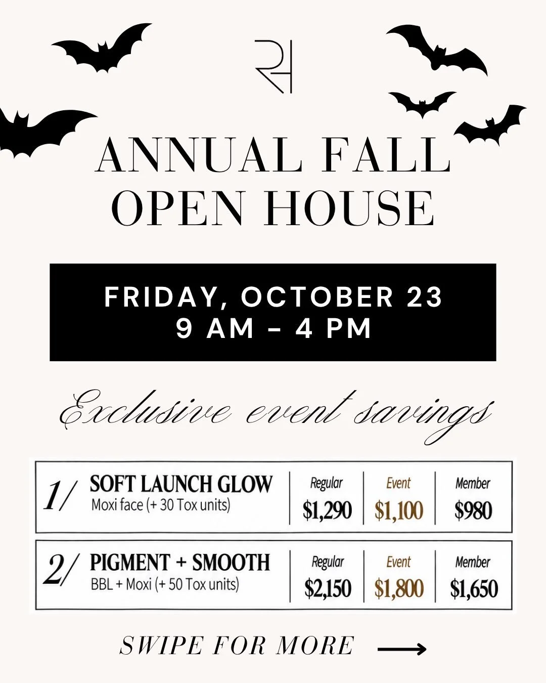 Nothing spooky here, just scary-good savings! 👻🖤   Everyone&rsquo;s favorite fall event is NEXT WEEK! 
Our Annual Fall Open House is almost here, and we&rsquo;re celebrating with exclusive package pricing, retail savings, and plenty of treats, no t