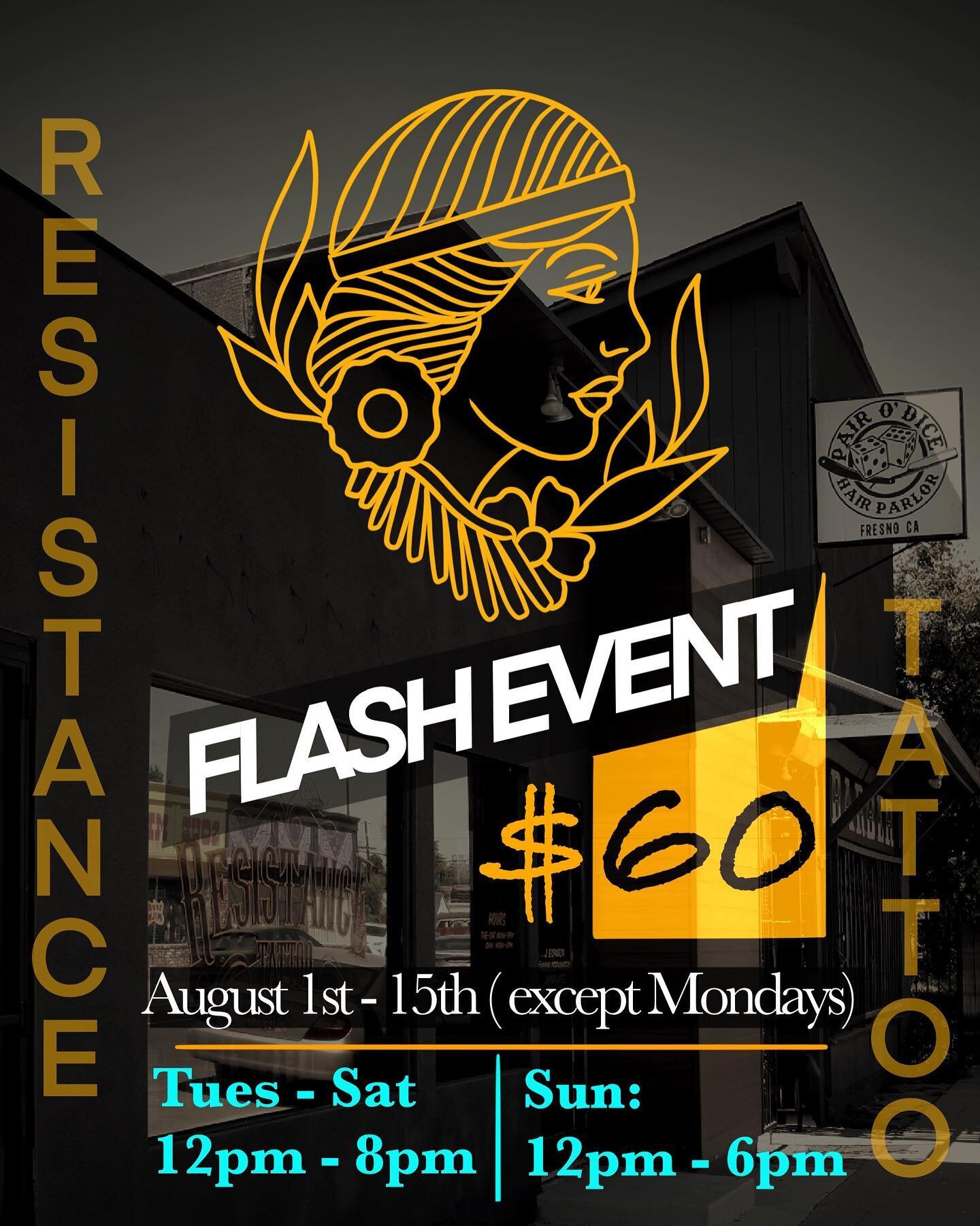Starting Tuesday we&rsquo;ll be doing a flash special for 2 weeks, so tag your tattoo partners 🤘🏼 Flash sheets will be on the story / August 2023 highlight. See ya soon - Resistance Tattoo