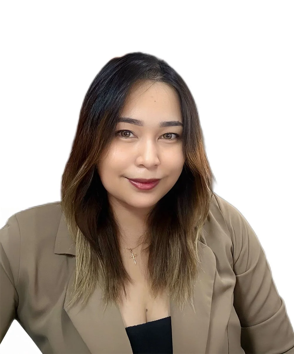 Smiling Jessa Caballes in a tan suit