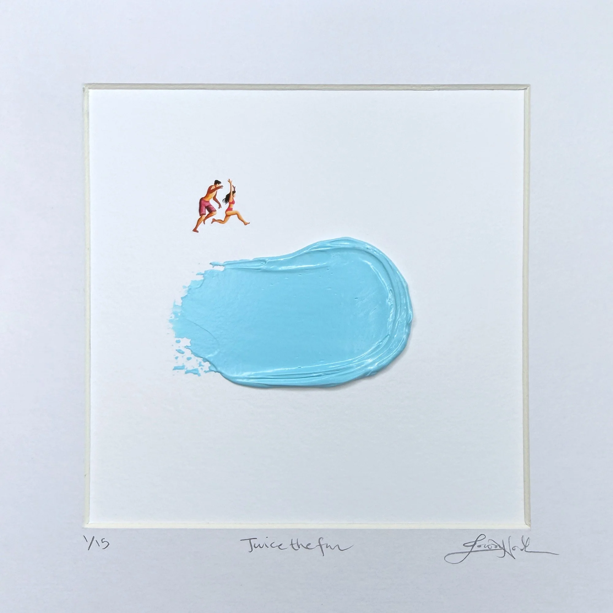Two animated people jumping into a large, painted blue pool of water.