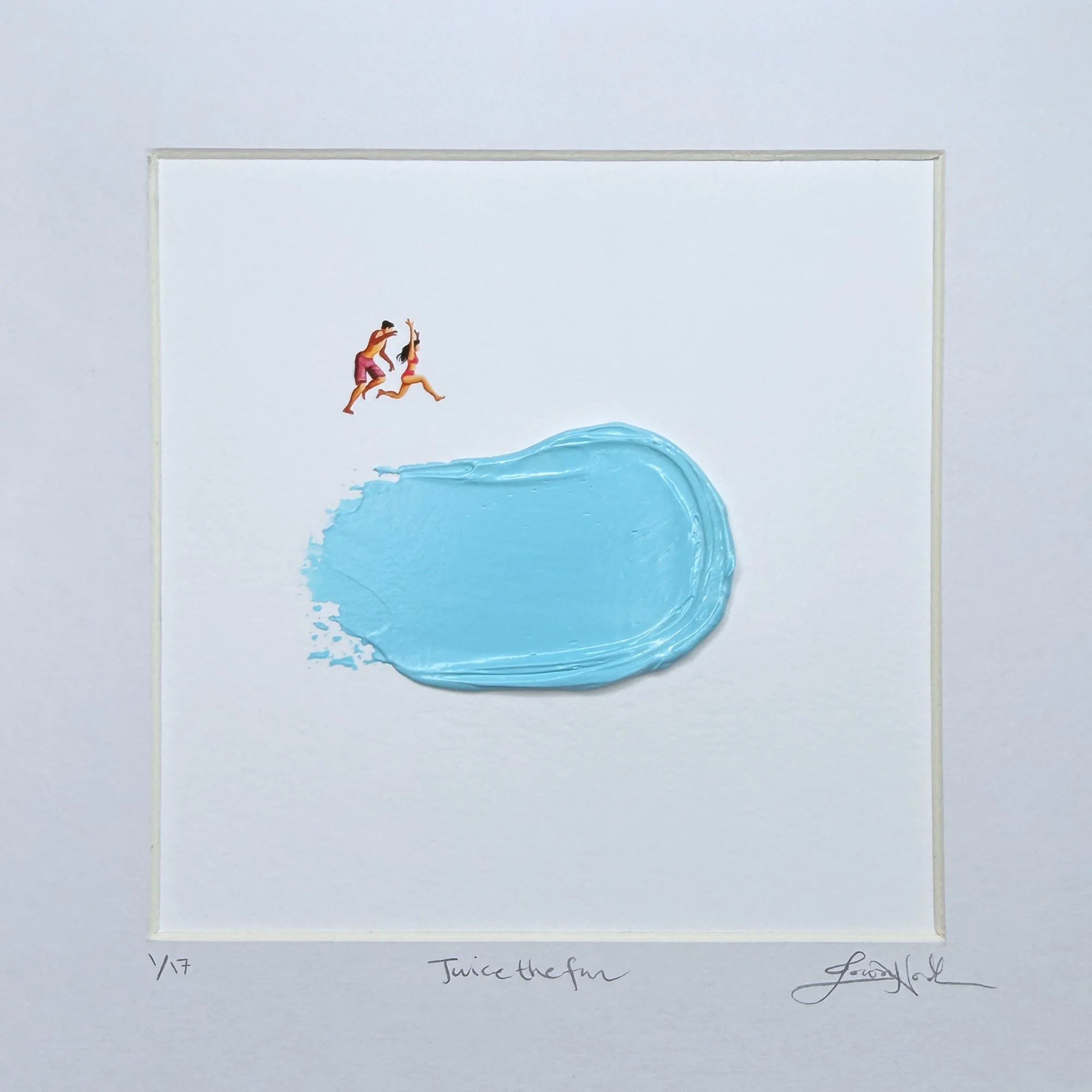 Two animated characters are jumping into a large blob of blue paint on a white background, which resembles a pool or splash of liquid.