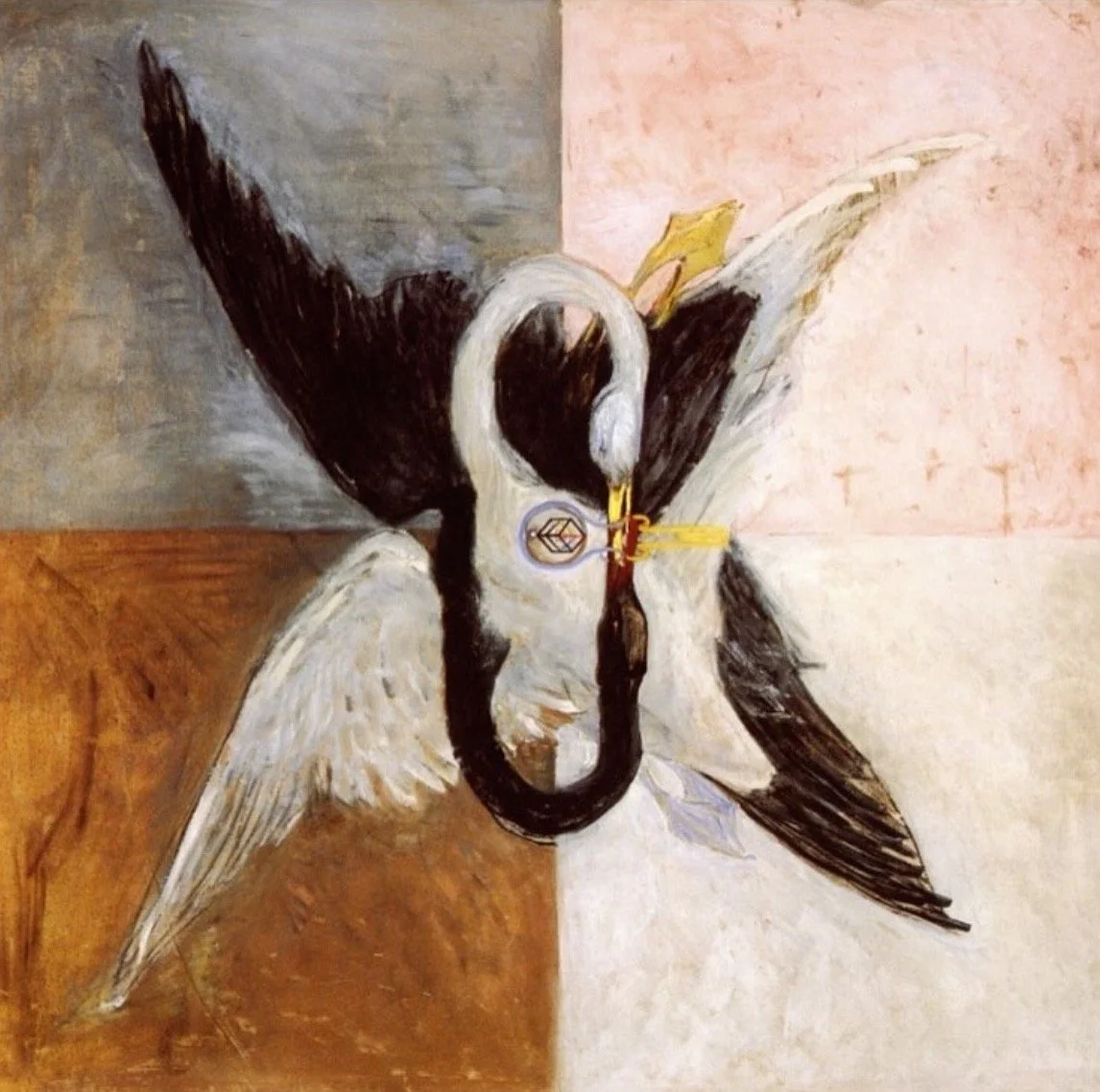 A painting of a swan with the body of a butterfly, with a background divided into four quadrants of different colors.