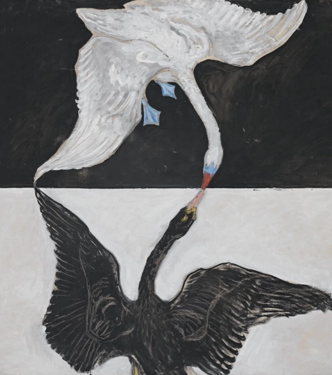 A painting of a white stork and a black crow facing each other, their beaks touching, with their reflection visible in the water below.