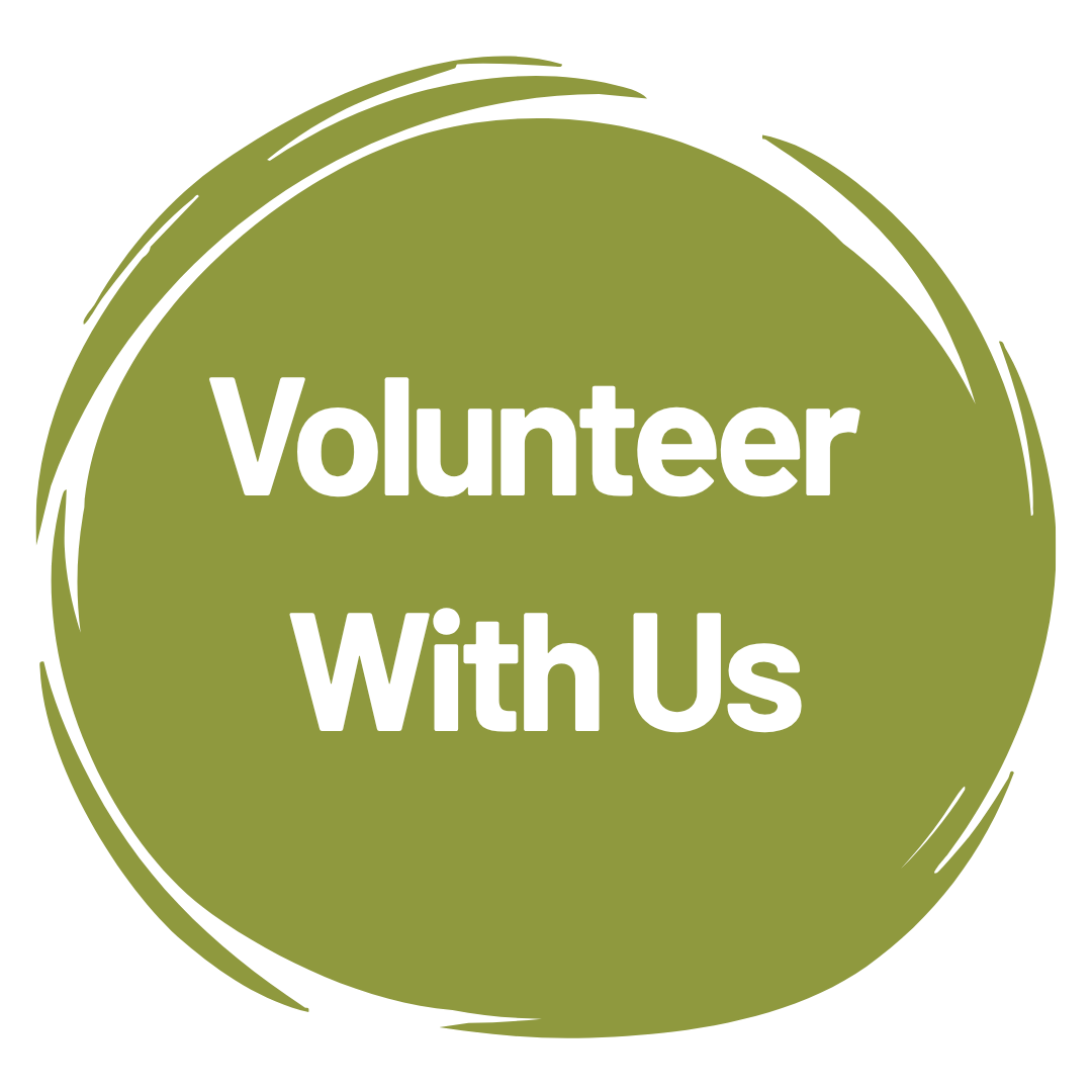 Green circular badge with the text 'Volunteer With Us' in white.