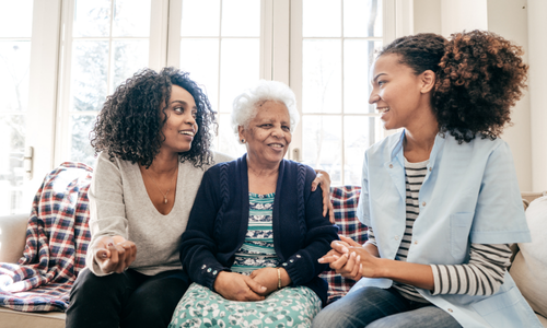 3 women sitting on a couch in conversation