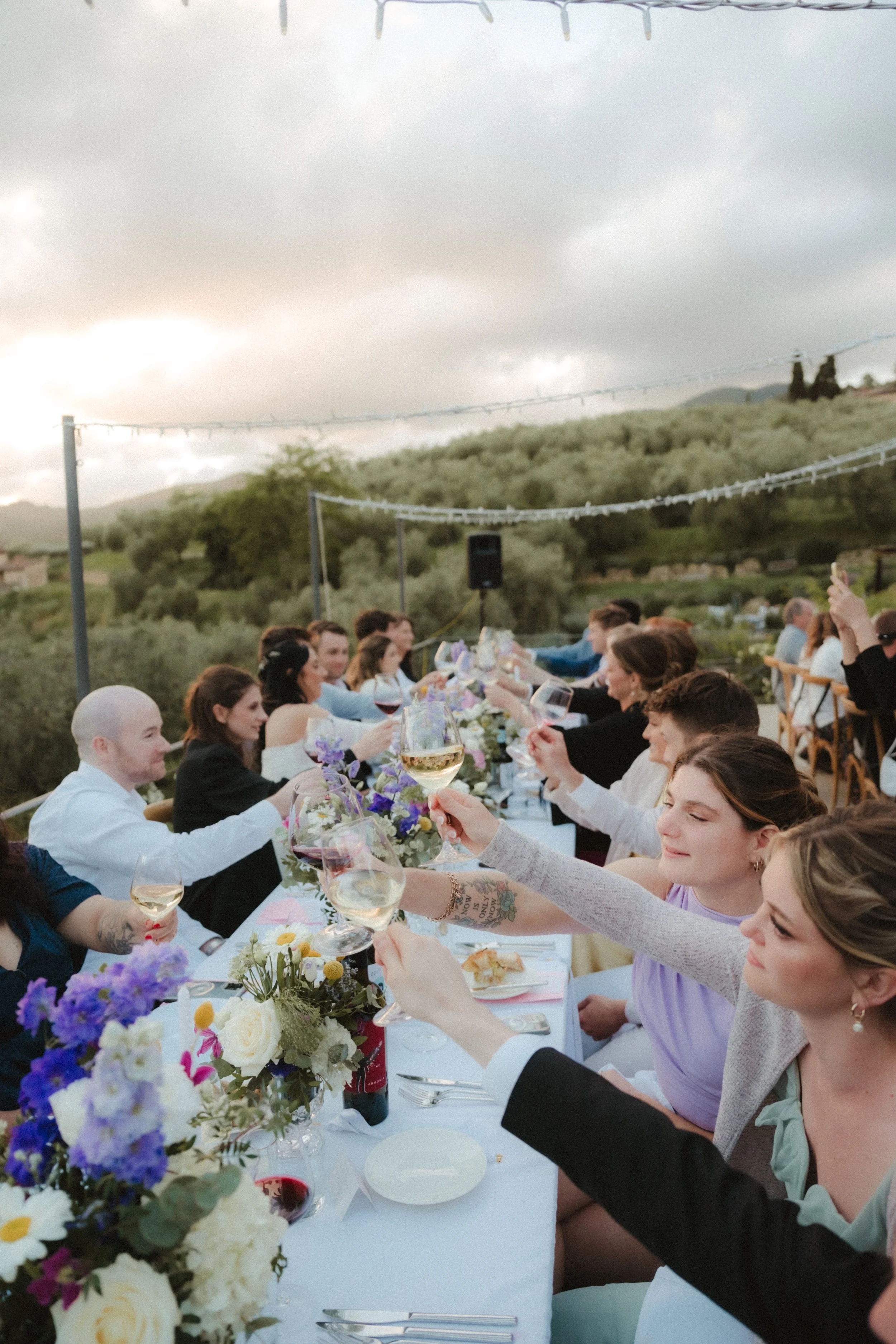 A group of people sitting at a long outdoor table enjoying a meal and toasting with glasses of white wine, decorated with floral centerpieces, with a scenic landscape and cloudy sky in the background.