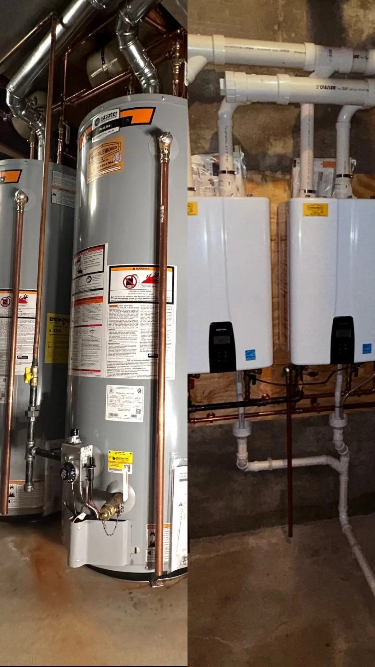 Image showing a basement with two water heaters and associated plumbing pipes.