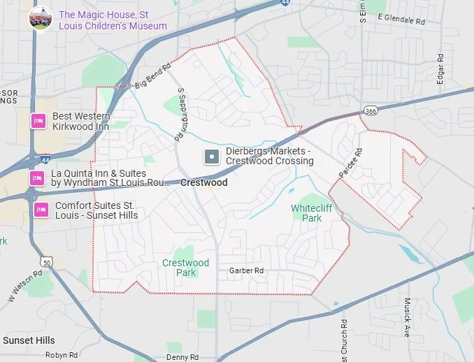 Map of Crestwood, Missouri showing parks, roads, and nearby hotels.