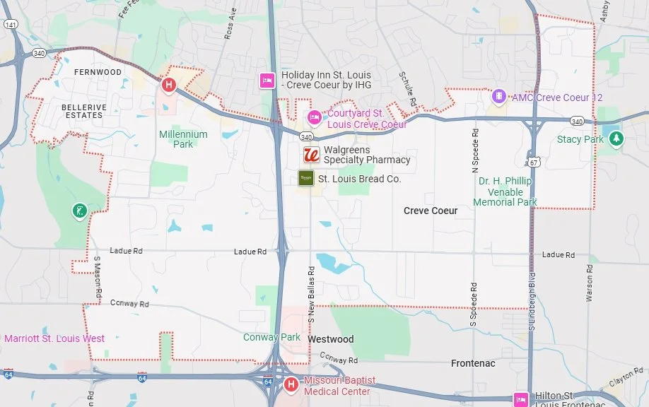 Map showing locations in Creve Coeur, Missouri, including parks, hospitals, pharmacies, a bread company, and hotels.