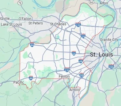 Map of st louis county, Missouri showing parks, golf courses, and landmarks, including Heritage Inn & Suites, Westside Park, Tapawingo National Golf Club, Fenton City Park, and Steven J. Bander Driving Range.