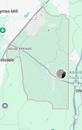 Map showing a trail loop around the House Springs and Ott node area, with roads, a river, and a marked point of interest.