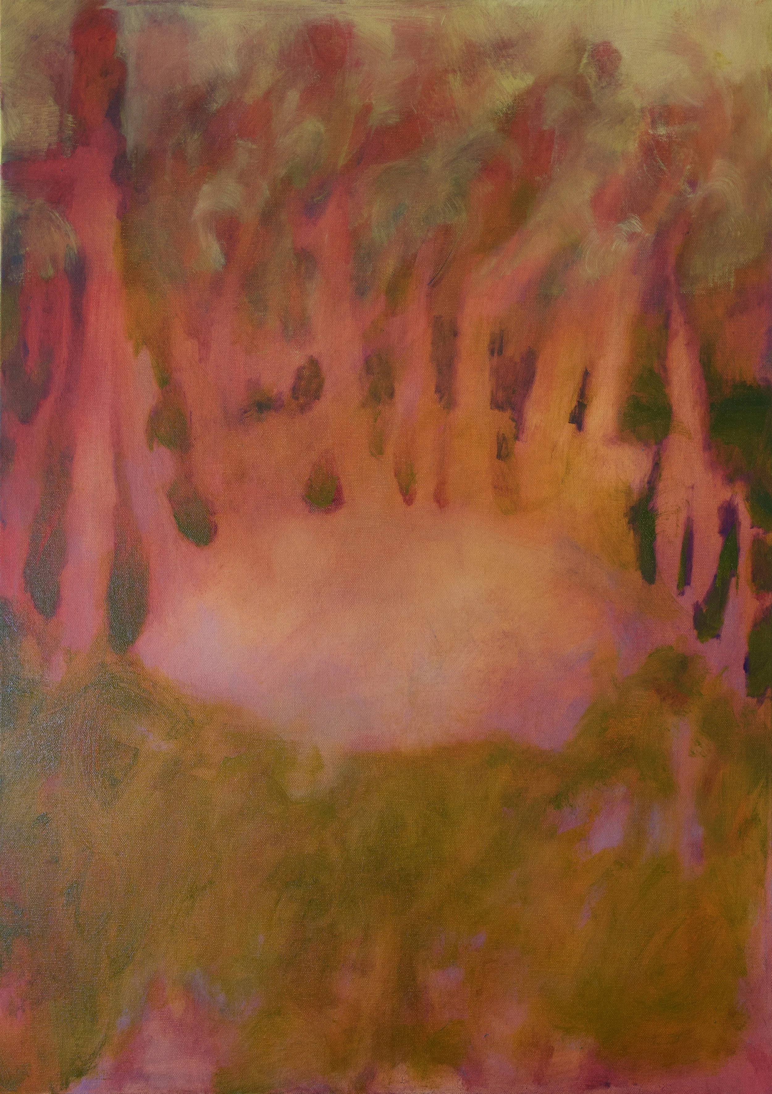 "Un coucher de soleil aux couleurs rouge, foncé et enflammé, ne présage rien de bon." 2026, oil & acrylic on canvas, 22 x 28 in.