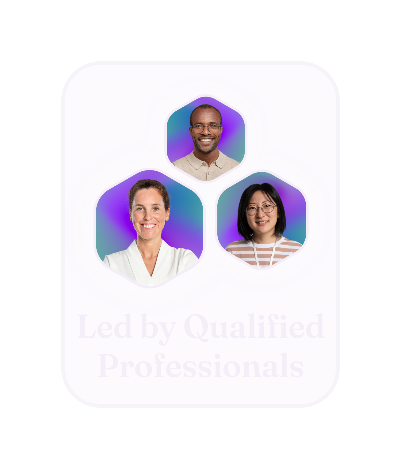 Three members of the Mud Club therapy team, with the text "Led by Qualified Professionals."