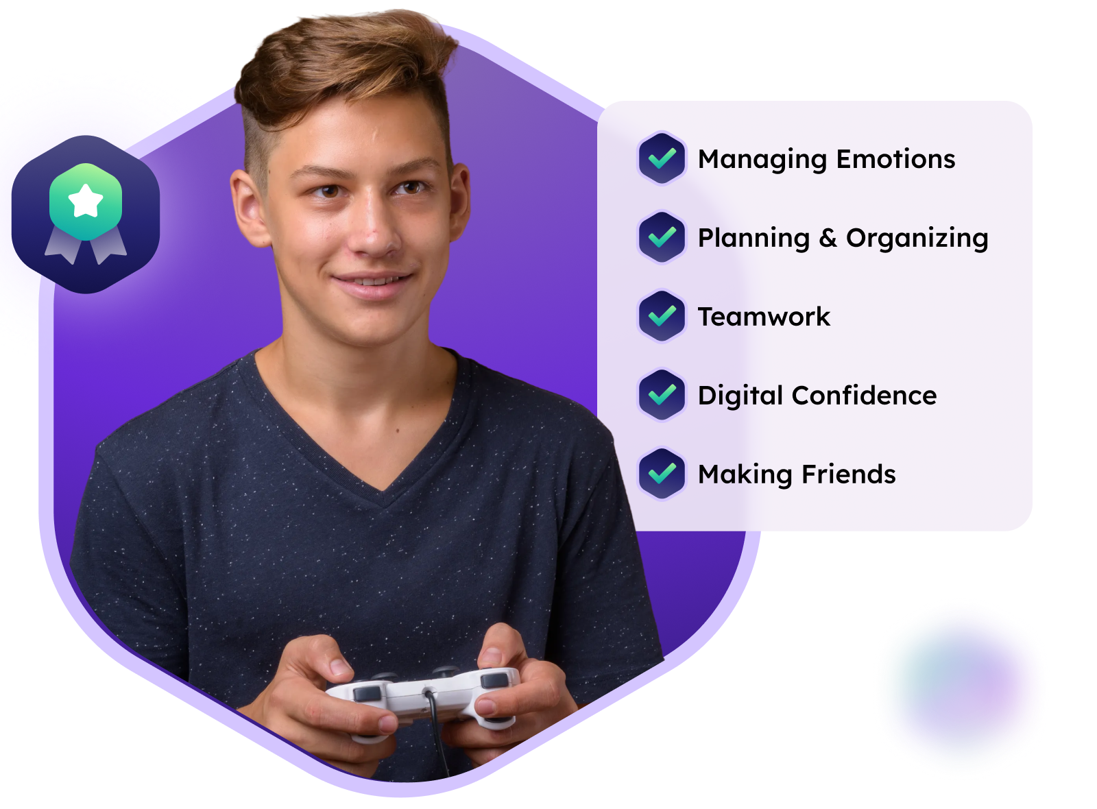 A smiling teen holding a game controller, next to a checklist of skills: managing emotions, planning and organizing, teamwork, digital confidence, and making friends.