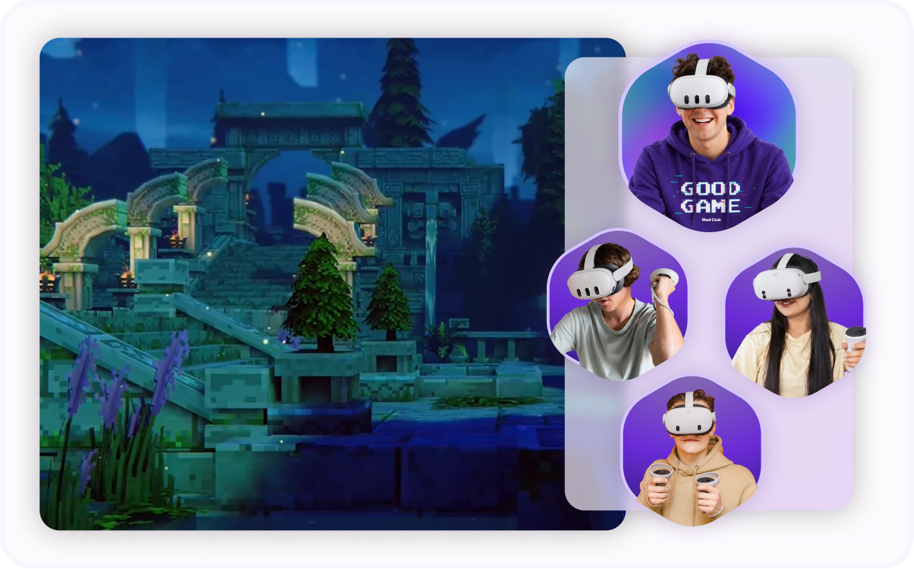 A glowing virtual reality forest scene beside portraits of a therapy team member and three teens wearing Meta Quest headsets.