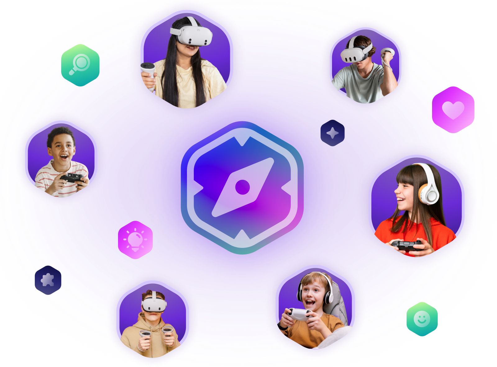 A cluster of kids and teens playing with game controllers and VR headsets, arranged around the Mud Club compass, with small icons for ideas, care, and discovery.
