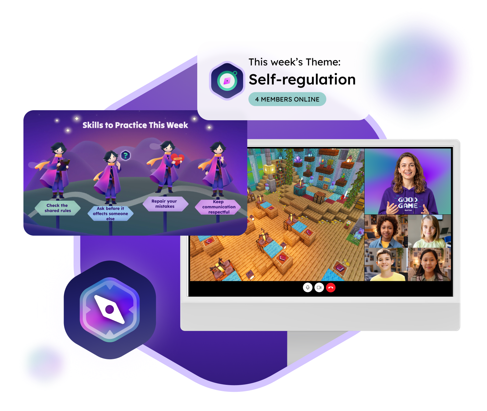 A small-group video session showing a Minecraft build, a therapy team member, and four members on screen, next to a "Skills to Practice This Week" slide and a card for this week's theme, Self-regulation.