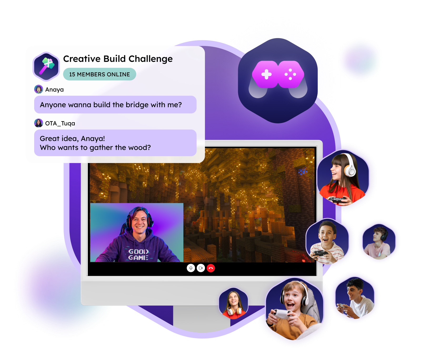 A live group stream showing a Minecraft cave world and a therapy team member on screen, surrounded by smiling members playing together, with a chat from a Creative Build Challenge where members plan a bridge build.