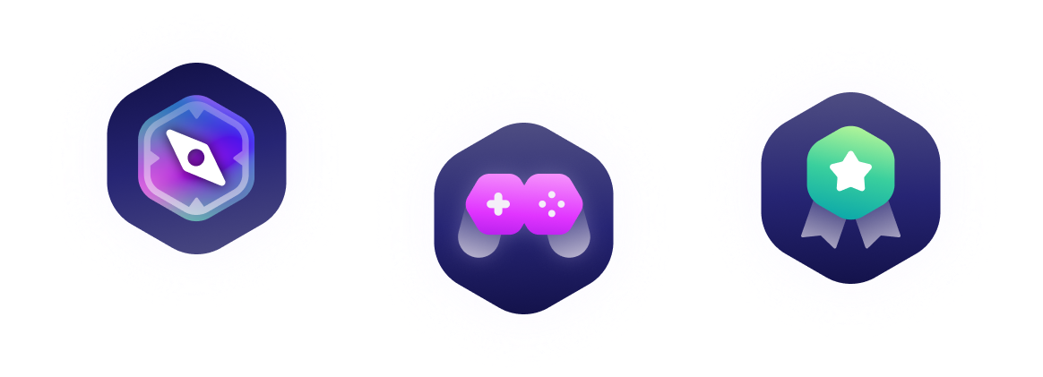 Three connected icons along a dotted path: a compass for learning, a game controller for practising, and a star badge for applying skills.