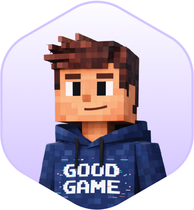 Cartoon character with brown hair wearing a "Good Game" hoodie on a pixelated background.