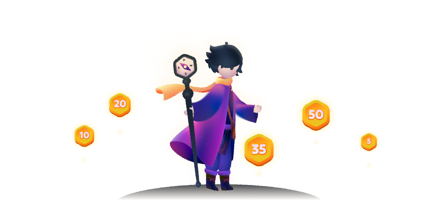 Illustration of Aris holding a compass staff, surrounded by glowing Mud Club XP coins of different values, from 5 to 50.