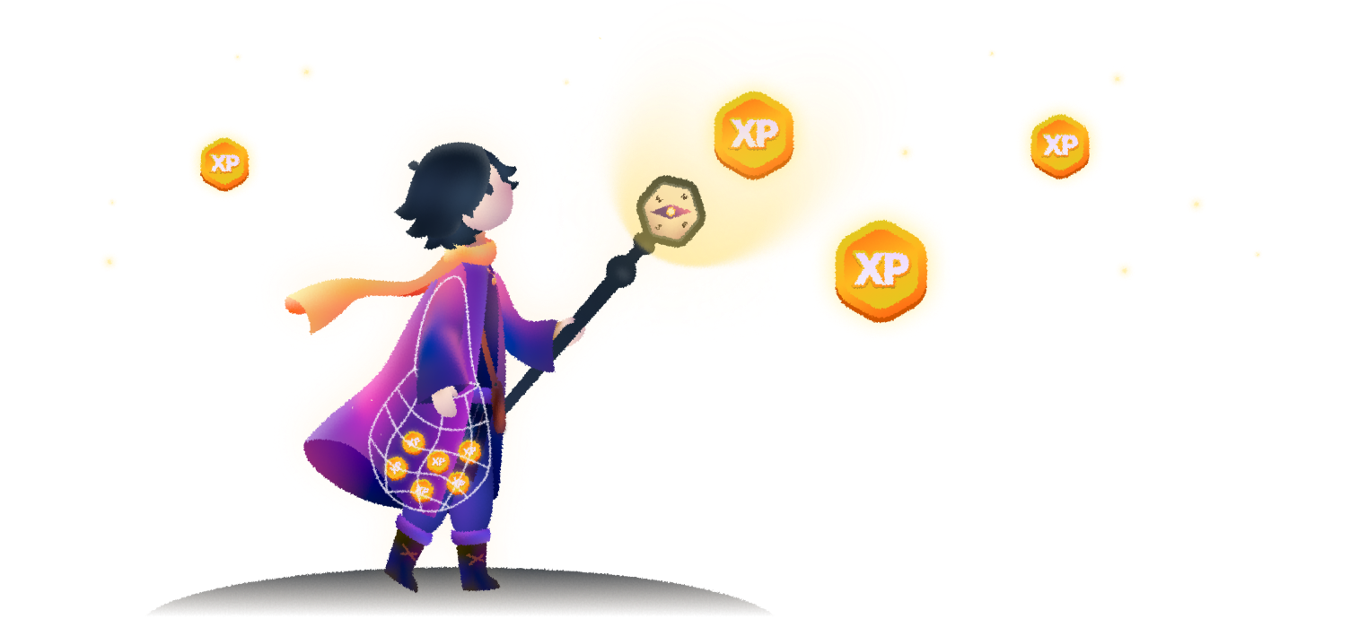 Illustration of Aris gathering glowing Mud Club XP coins into a bag, using a compass staff to light the way.