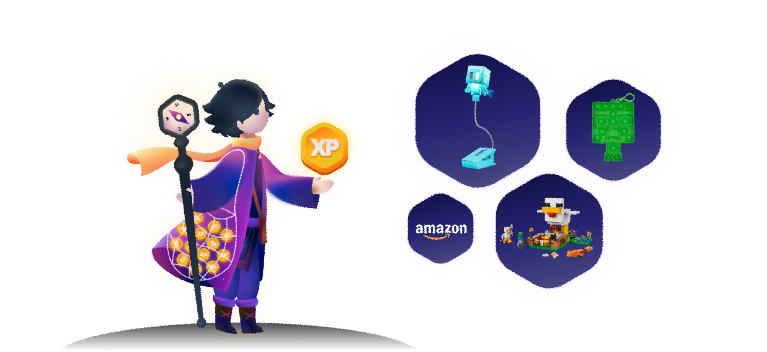 Illustration of Aris holding out a Mud Club XP coin, next to examples of what it can be redeemed for: Minecraft-themed toys and building sets, and Amazon.