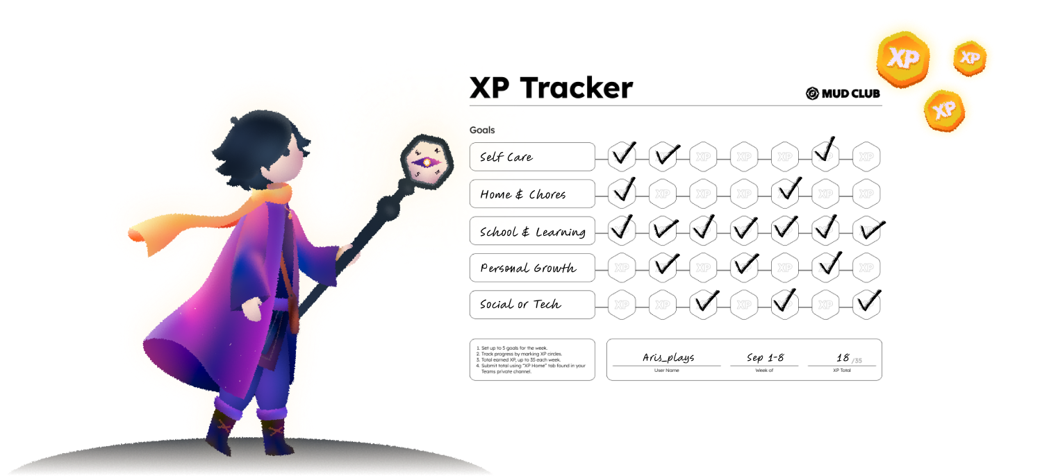Illustration of Aris beside a filled-in Mud Club Home XP Tracker, with checkmarks for weekly goals like self care, chores, school, personal growth, and social time.