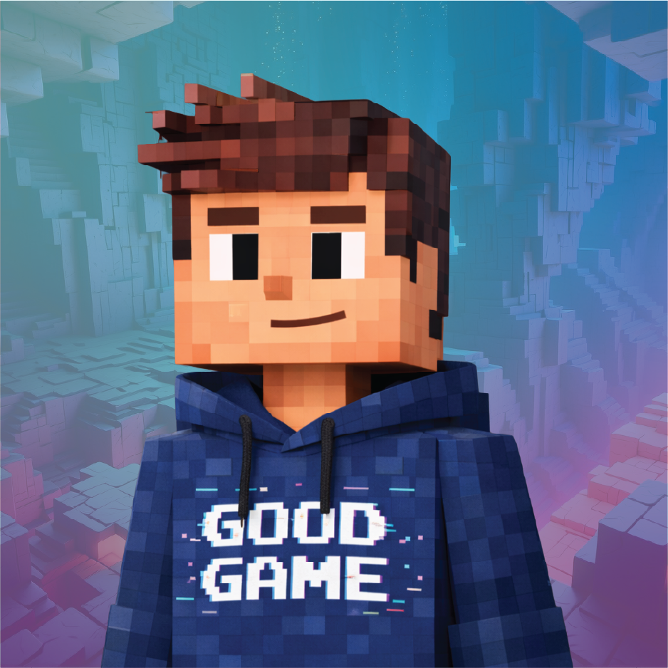 Cartoon character with brown hair wearing a "Good Game" hoodie on a pixelated background.