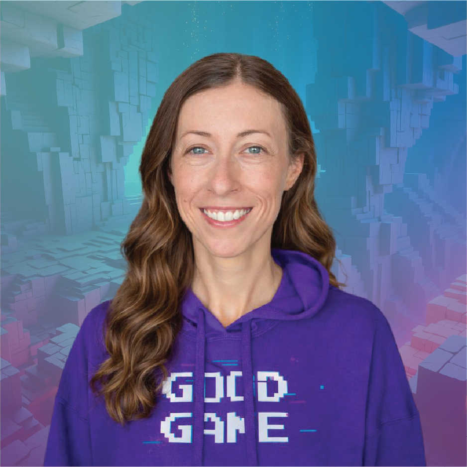 Smiling therapist in a purple "Good Game" hoodie against a digital, blocky background.